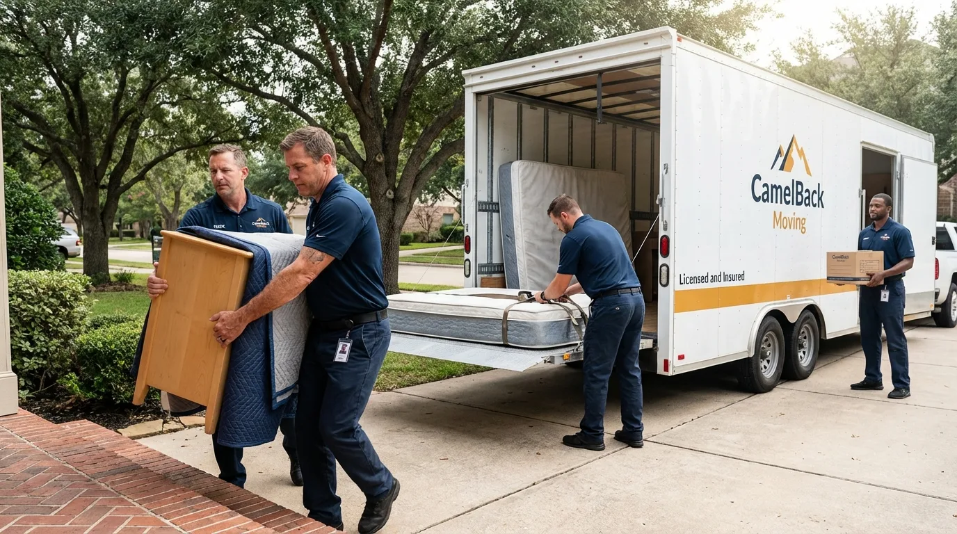 Crew loading residential truck for cross-state move from Hughson, CA