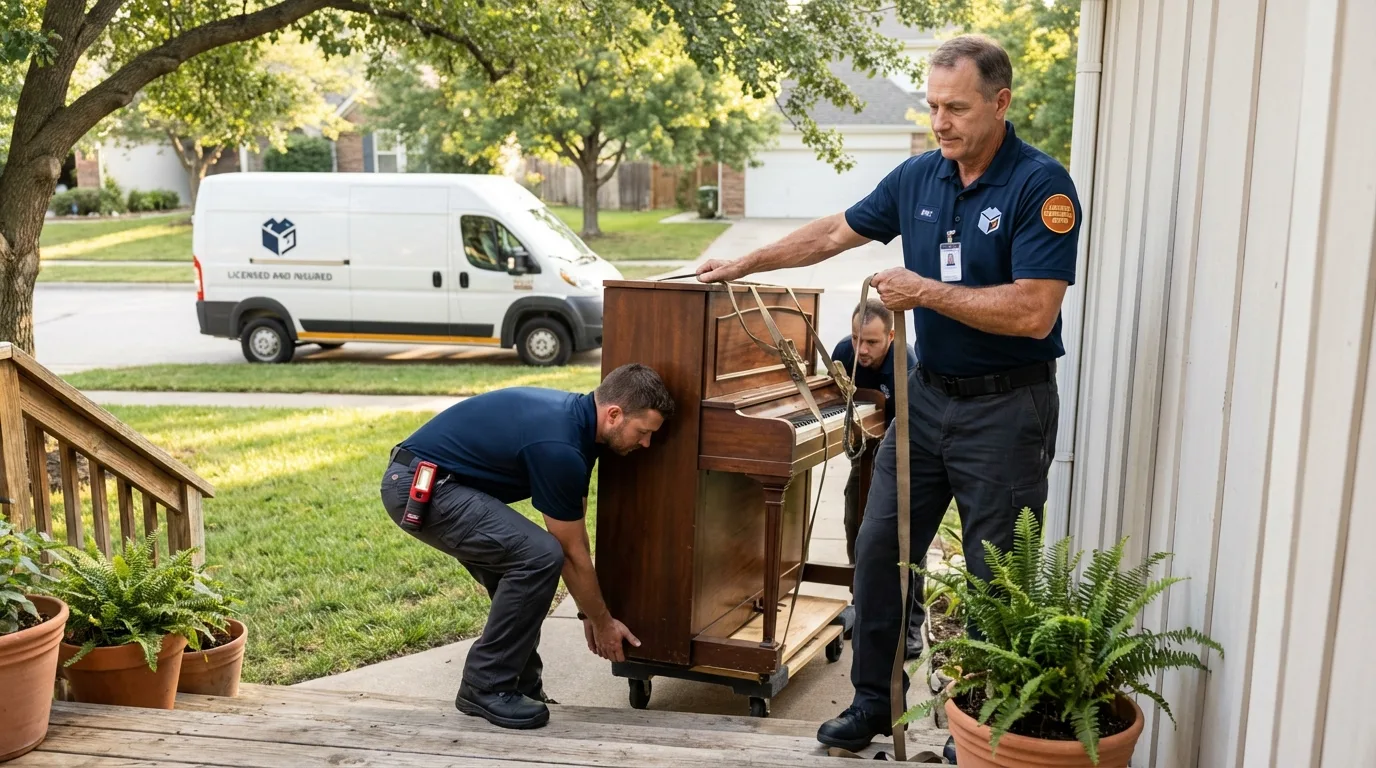 Licensed piano movers securing grand piano in Hughson, CA