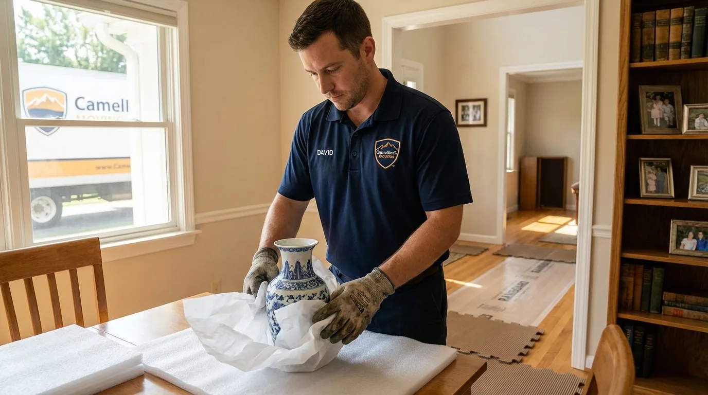 Professional crew carefully wrapping antique vase for senior downsizing move in Hughson, CA