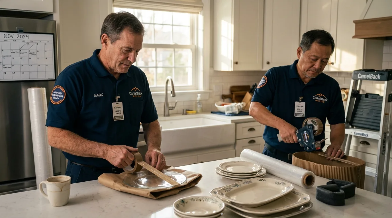 Professional crew packing kitchen dishware in Hughson, CA